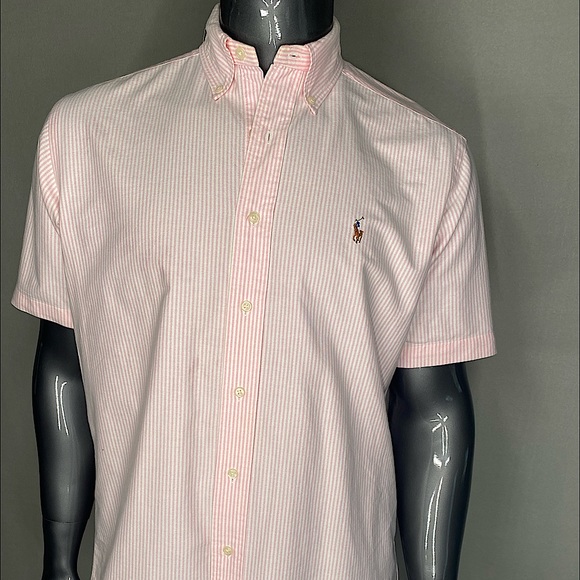 MENS PINK AND WHITE PINSTRIPE BUTTON DOWN RAPH LAUREN POLO SHIRT - Picture 2 of 6